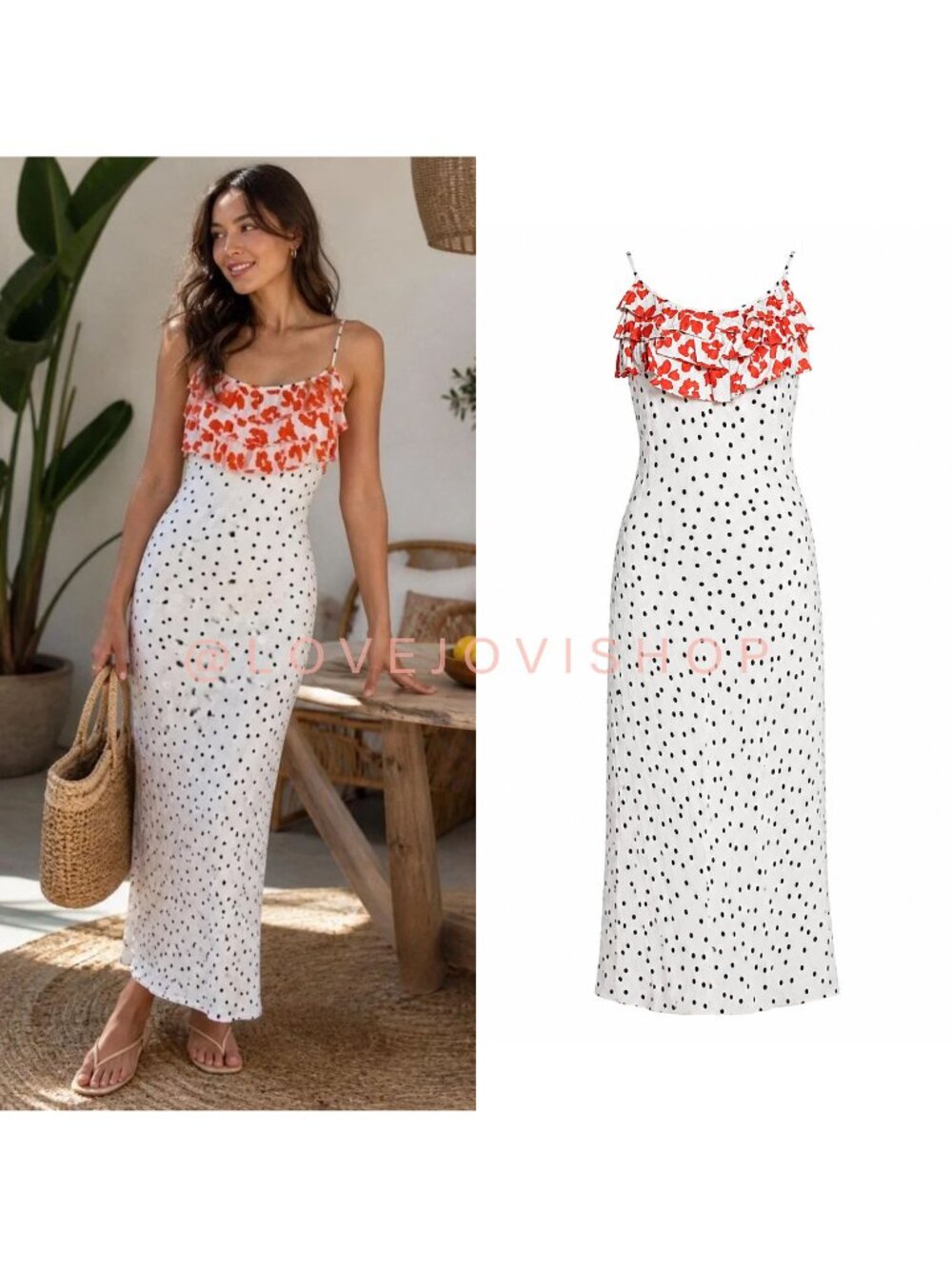 Feminine | Rixo Polka Dot Satin Slip Dress | Coral Leopard Ruffles | Maxi Large